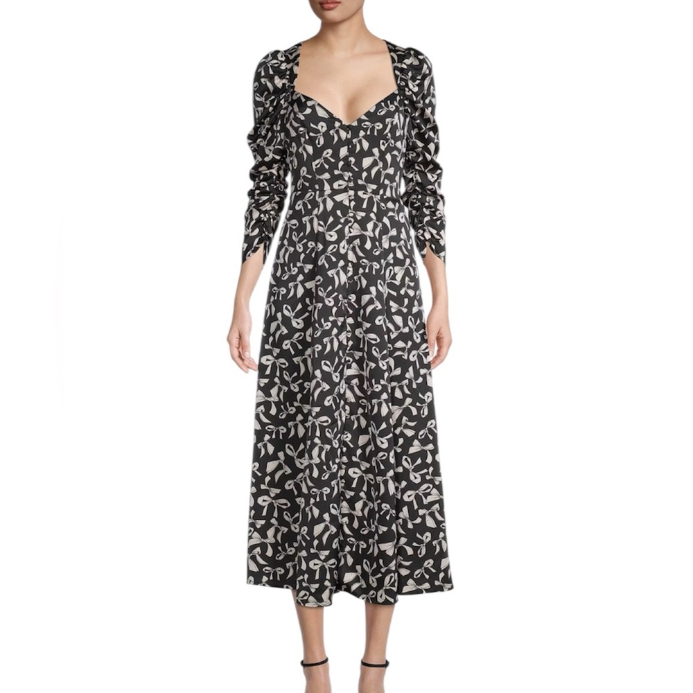 For Love & Lemons Angelica Bow Print Puff Ruched Sleeve Button Front Dress sz M - Picture 1 of 10